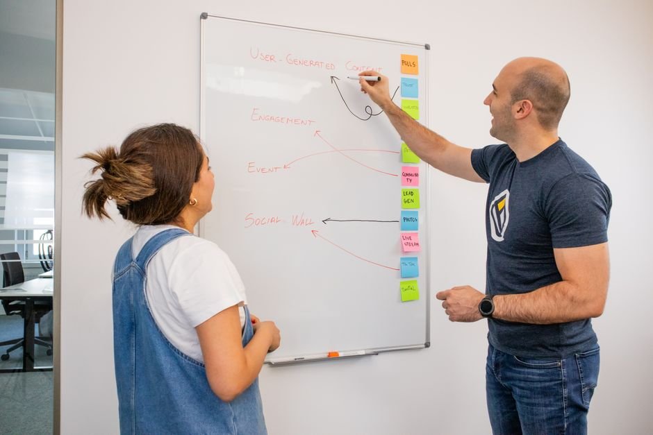 Colleagues brainstorming marketing strategy on a whiteboard at one of the top universities in USA for marketing